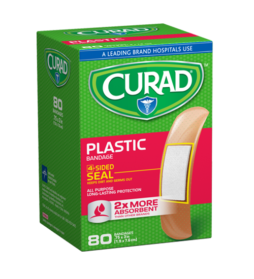 Plastic Strip Bandages, .75″ x 3″, 80 count Left Angle Package