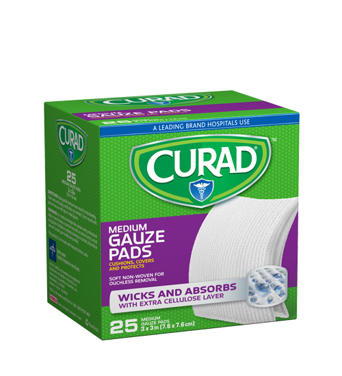 Medium Gauze Pads, 3″ x 3″, 25 count left angle of package