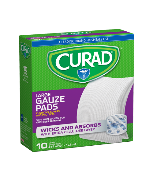 Image of Large Gauze Pads, 4″ x 4″, 10 count Left angle of package