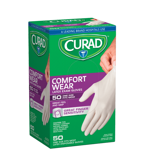 Comfort Wear Latex Exam Gloves, One Size Fits Most, 50 count Left Angle
