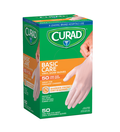 Image of Basic Care Vinyl Exam Gloves, One Size Fits Most, 50 count Left Angle