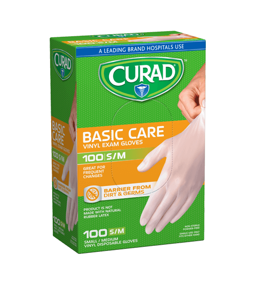 Basic Care Vinyl Exam Gloves, Small/Medium, 100 count Left Angle of Package