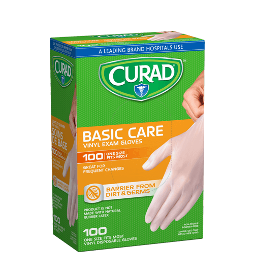 Basic Care Vinyl Exam Gloves, One Size Fits Most, 100 count Left Angle of Package