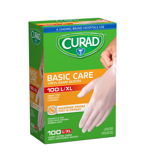 Basic Care Vinyl Exam Gloves, Large/X-Large, 100 count Left Angle of Package