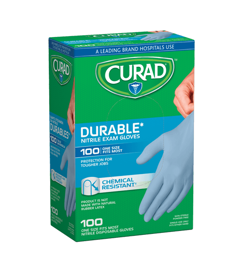 Durable Nitrile Exam Gloves, One Size Fits Most, 100 count Left Angle of Package