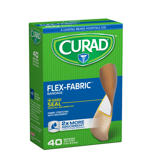 Flex-Fabric Strip Bandages, .75″ x 2.5″, 40 count Left Angle of Package