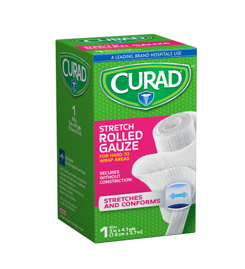 Stretch Rolled Gauze, 3″ x 4.1 yds, 1 count Left Angle of Package
