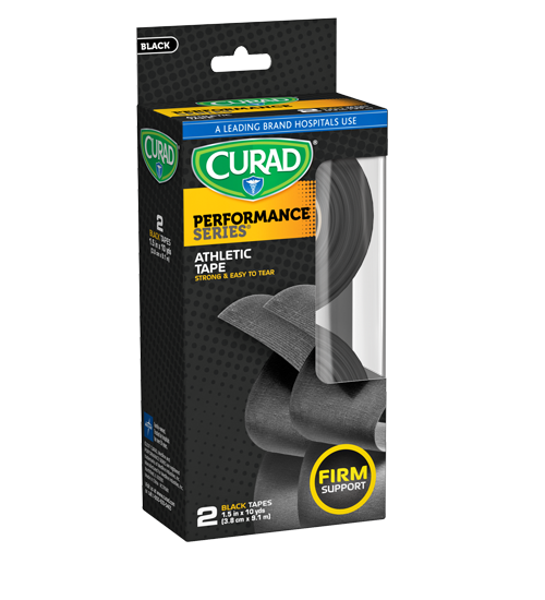 Performance Series Black Sports Tape, 1.5″ x 10 yds, 2 count Package Left Angle