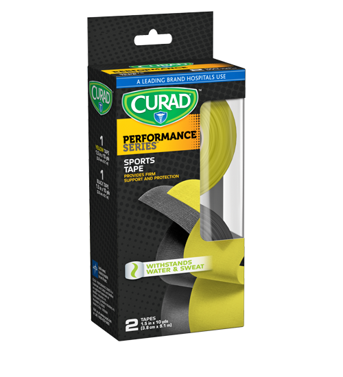 Performance Series Black & Yellow Sports Tape, 1.5″ x 10 yds, 2 count Package Left Angle