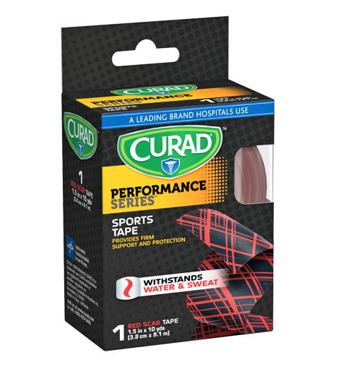 Performance Series Red Scar Patterned Sports Tape, 1.5″ x 10 yds, 1 count Package Left Angle
