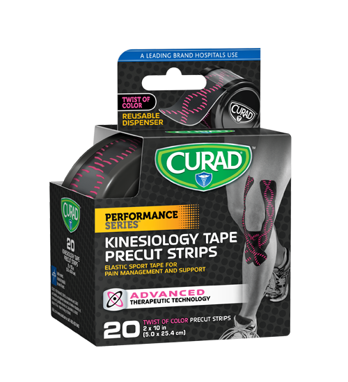 Performance Series Pink Swirl Kinesiology Tape, 2″ x 10″ strips, 20 count Package Left Angle