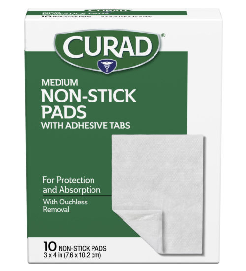 Medium non-stick pads with adhesive tabs 10 ct front side