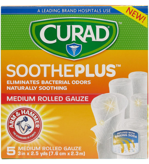 Medium Rolled Gauze with ARM & HAMMER™ Baking Soda, 3″ x 2.5 yds, 5 count front of packaging