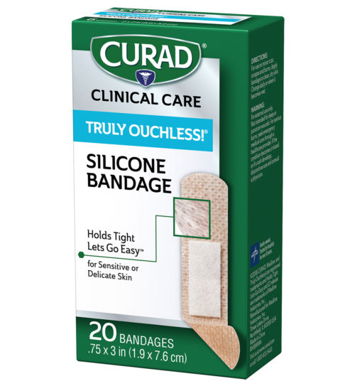 Truly Ouchless! Silicone Strip Bandages, .75″ x 3″, 20 count right of packaging