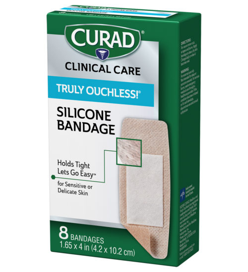 Truly Ouchless! Silicone Extra Large Bandages, 1.625″ x 4″, 8 count right of packaging