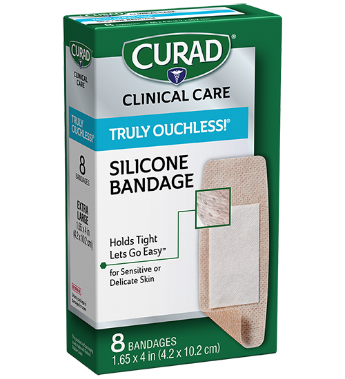 Image of Truly Ouchless! Silicone Extra Large Bandages, 1.625″ x 4″, 8 count left of packaging