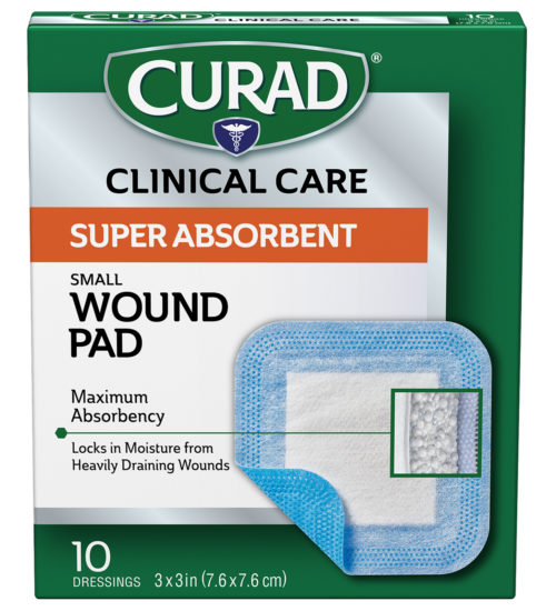 small Super Absorbent Wound Pad, 4″ x 4″, 10 count front of pack zoomed in