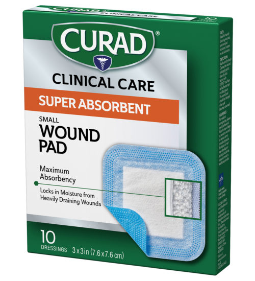 Small Super Absorbent Wound Pad, 4″ x 4″, 10 count front of pack right of package zoomed in