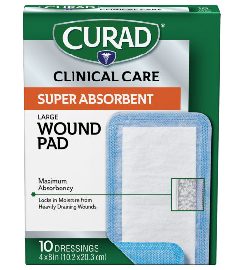 large Super Absorbent Wound Pad, 4″ x 4″, 10 count front of pack
