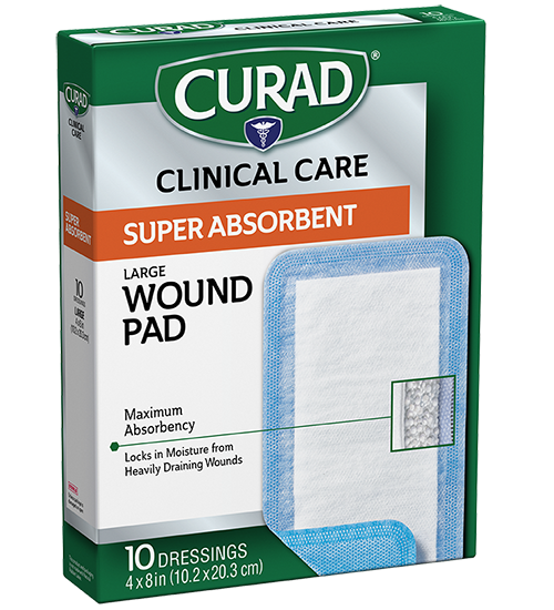 large Super Absorbent Wound Pad, 4″ x 4″, 10 count left of pack