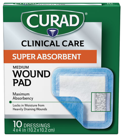 Medium Super Absorbent Wound Pad, 4″ x 4″, 10 count front of pack