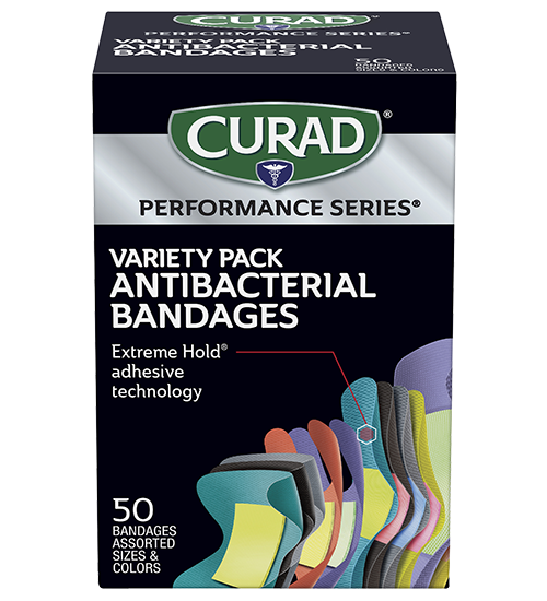 Image of CURAD Performance Series Extreme Hold Antibacterial Variety Pack Adhesive Bandages, 50 count