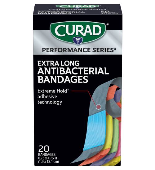 Image of CURAD Performance Series Extreme Hold Antibacterial Extra Long Adhesive Bandages, 20 count