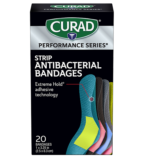 Image of CURAD Performance Series Extreme Hold Antibacterial Strip Adhesive Bandages, 20 count