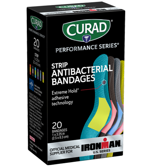 left of Curad Performance Series Extreme Hold Antibacterial Strip Adhesive Bandages, 20 count package thumbnail