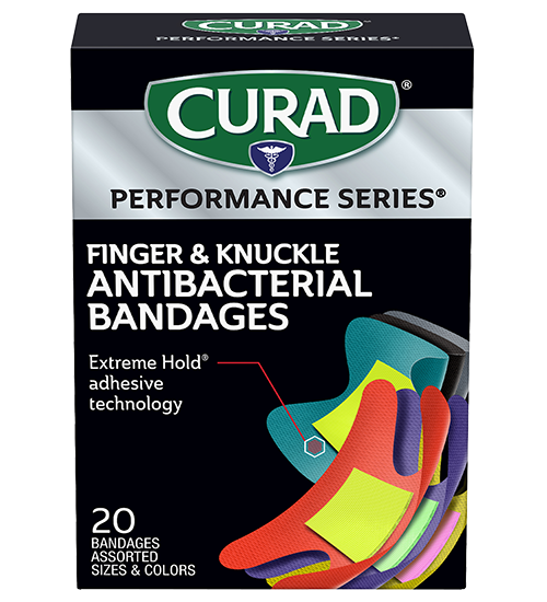 Image of CURAD Performance Series Extreme Hold Antibacterial Finger & Knuckle Adhesive Bandages, 20 count
