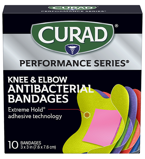 Image of CURAD Performance Series Extreme Hold Antibacterial Knee & Elbow Adhesive Bandages, 10 count