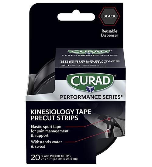 Image of CURAD Performance Series Kinesiology Tape with Dispenser, Black, 2″ x 10″ strips, 20 count