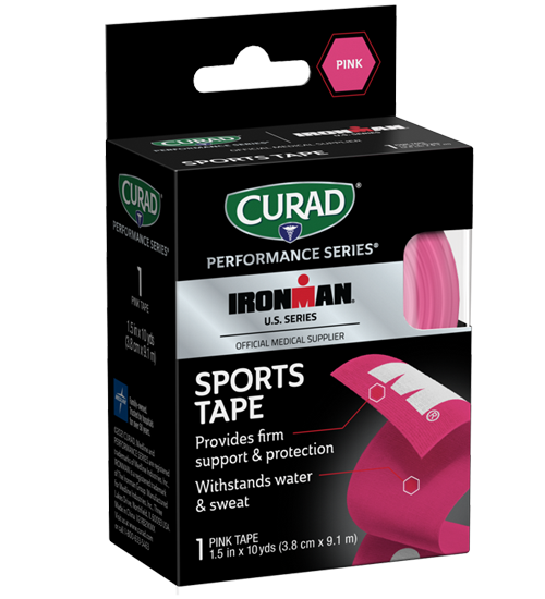 Image of CURAD Performance Series IRONMAN Sport Tape, Pink with White IRONMAN logo, 1.5″ x 10yds view 1