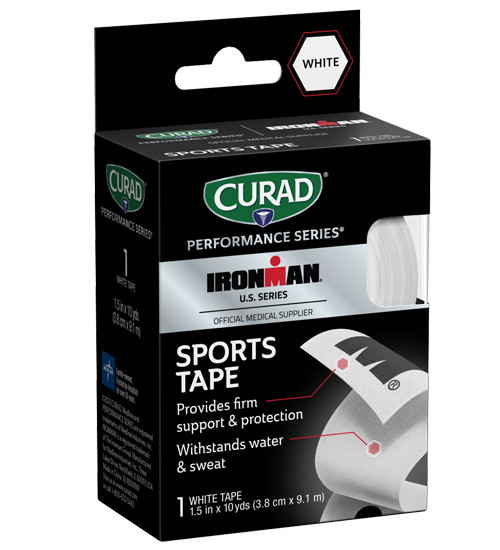 Image of CURAD Performance Series IRONMAN Sport Tape, White with Black IRONMAN logo, 1.5″ x 10yds view 1