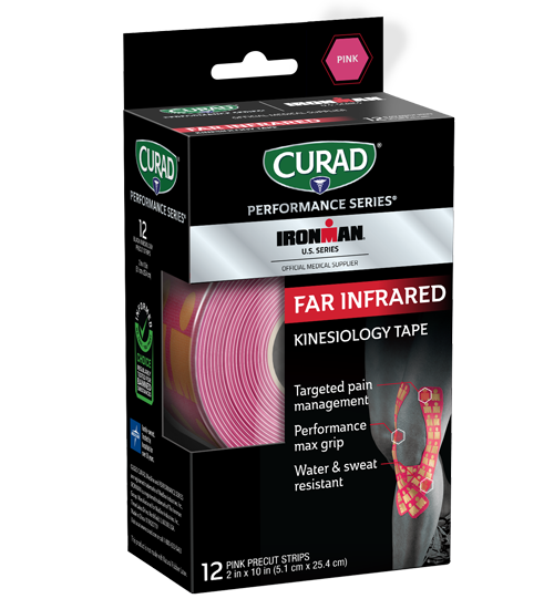 Image of CURAD Performance Series IRONMAN Far Infrared Kinesiology Tape, Pink, 2″ x 10″ strips, 12 count view 1
