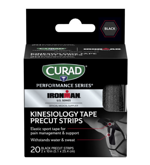 CURAD Performance Series IRONMAN Far Infrared Kinesiology Tape, Black, 2″ x 10″ strips, 20 count front angle