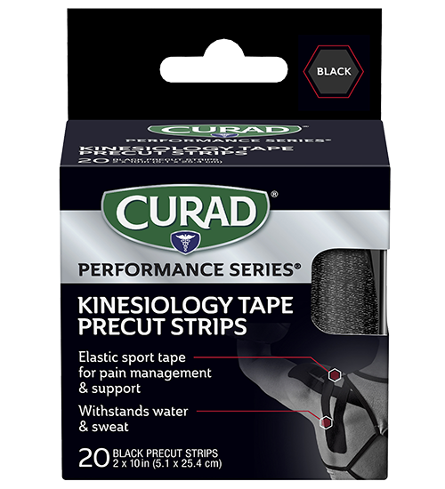 Image of CURAD Performance Series Kinesiology Tape, Black, 2″ x 10″ strips, 20 count