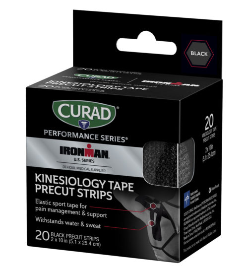 CURAD Performance Series IRONMAN Far Infrared Kinesiology Tape, Black, 2″ x 10″ strips, 20 count left angle