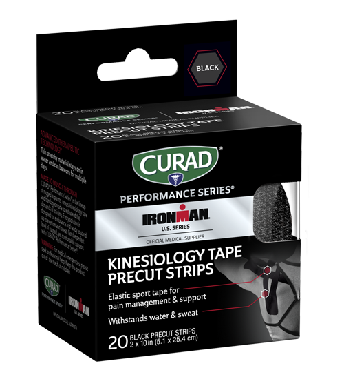 Image of CURAD Performance Series IRONMAN Far Infrared Kinesiology Tape, Black, 2″ x 10″ strips, 20 count