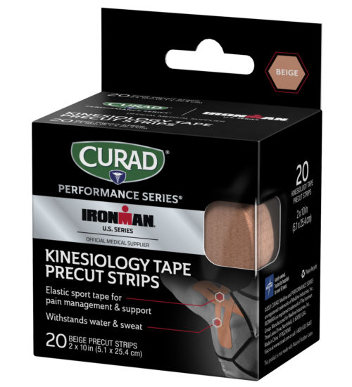 CURAD Performance Series IRONMAN Kinesiology Tape, Beige, 2″ x 10″ strips, 20 count left angle