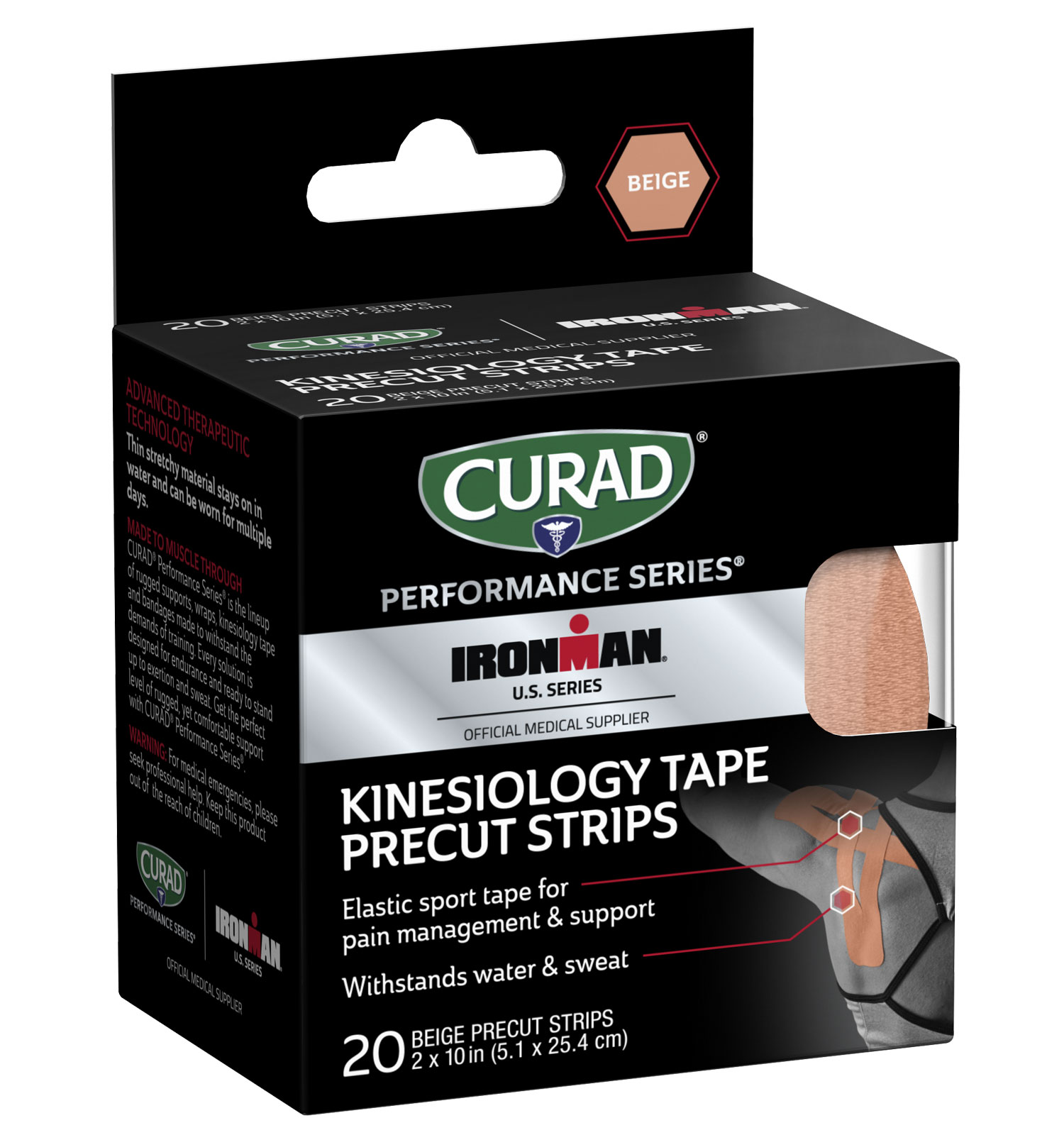 CURAD Performance Series IRONMAN Kinesiology Tape, Beige, 2″ x 10″ strips,  20 count
