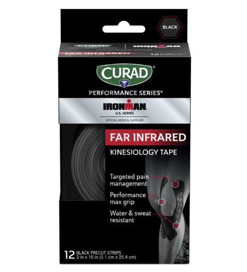 CURAD Performance Series IRONMAN Far Infrared Kinesiology Tape, Black, 2″ x 10″ strips, 12 count front angle