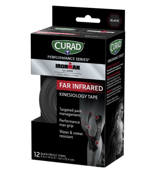 CURAD Performance Series IRONMAN Far Infrared Kinesiology Tape, Black, 2″ x 10″ strips, 12 count left angle