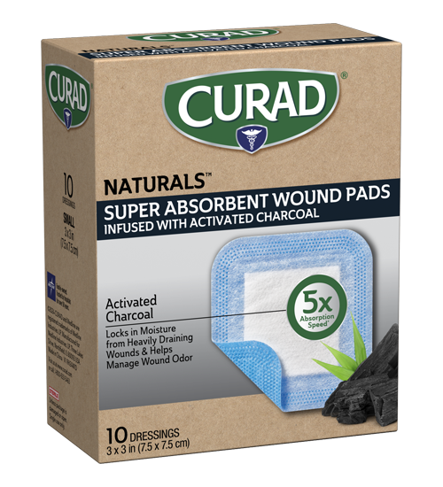 Image of CURAD  Naturals™ Charcoal Super Absorbent Wound Pad, Small, 3″ x 3″, 10 Ct