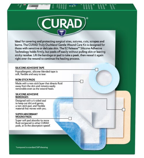 CURAD® Truly Ouchless!® Gentle Wound Care Kit back side of package